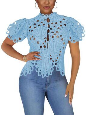 🆕Women’s Blue Lace Ruffle Puff Short Sleeve Button Down Tops Flare Tunic